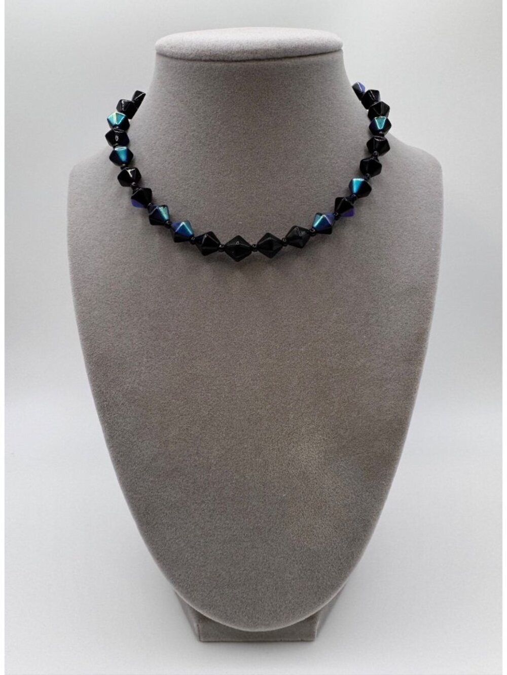 Vintage Black AB Glass Beaded Necklace Signed Japan Faceted 15 Inch